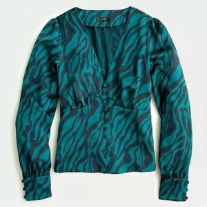 J. Crew Zebra Print V-Neck Blouse Silky Long Sleeve Black Dark Green Chic Size 8